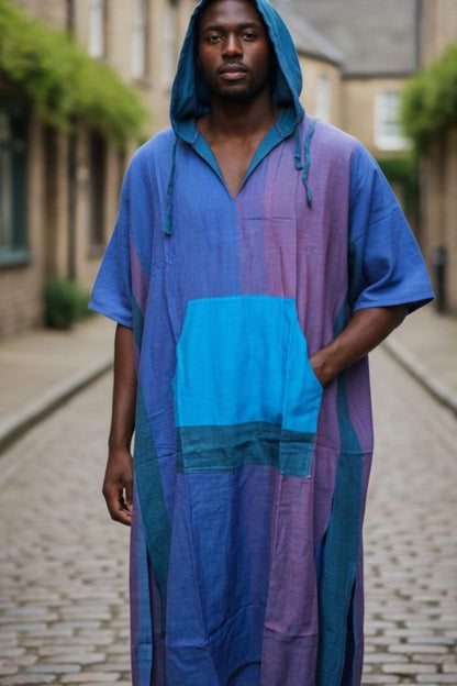 Cotton Nightshirt Unisex Boho Kaftan Sleep Shirt with Hood and Pocket