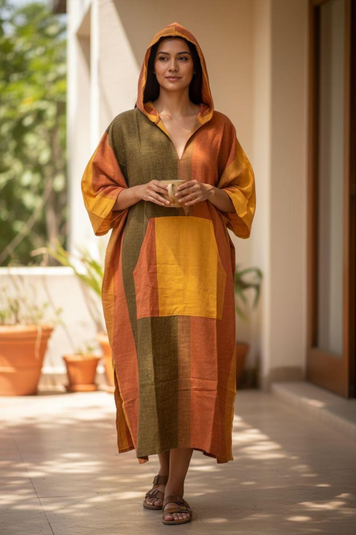 Unisex Boho Cotton Nightshirt with Pocket and Hood Long Sleep Shirt Kaftan