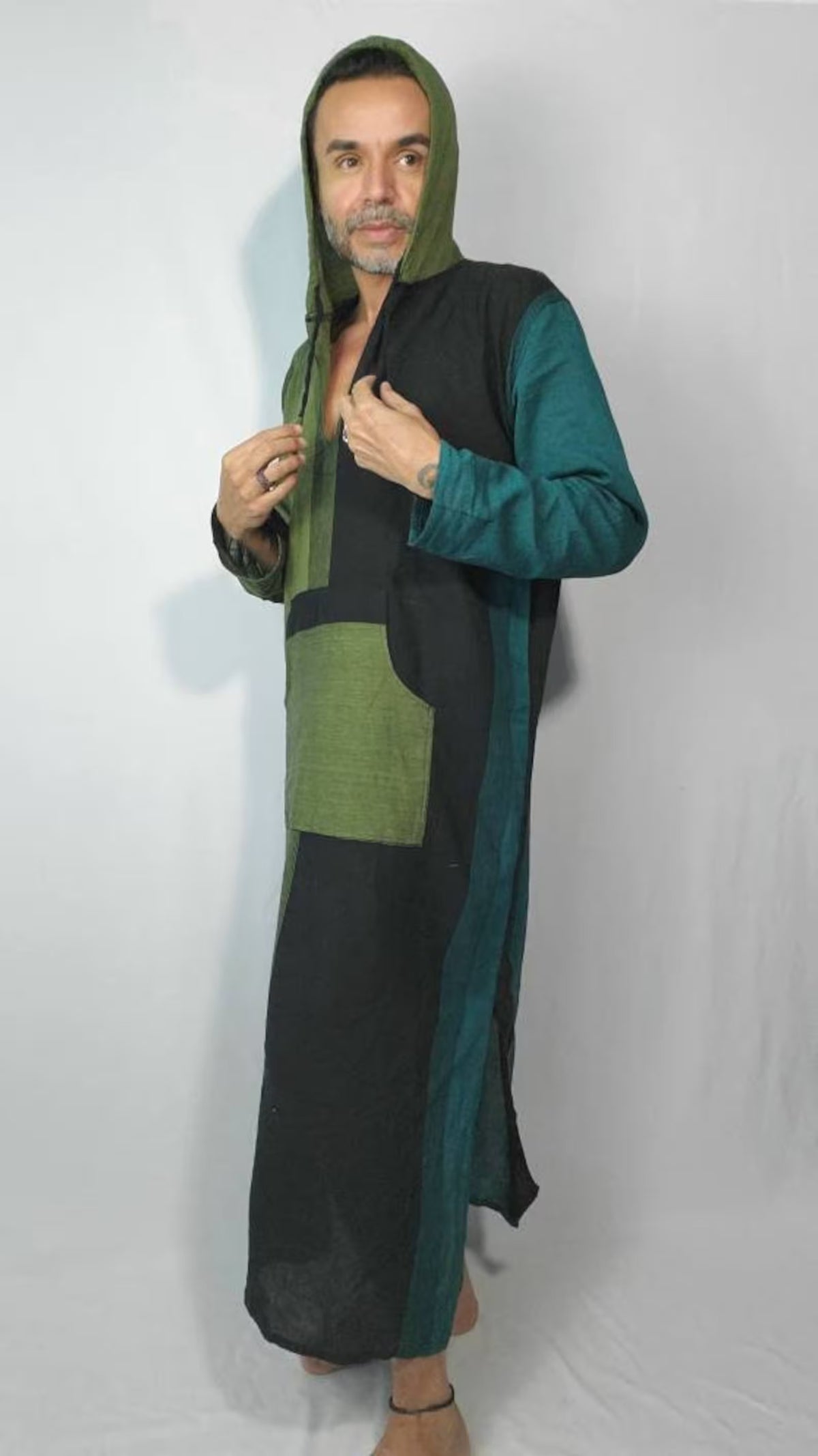Boho Cotton Nightshirt Unisex Long Sleep Shirt with Pocket and Hood Kaftan
