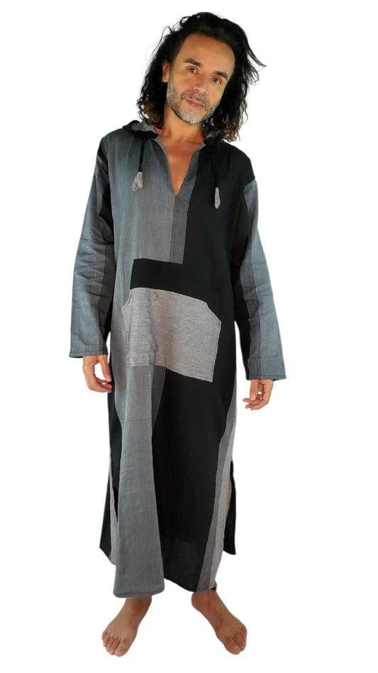 Unisex Nightshirt Cotton Boho Kaftan with Pocket and Hood Sleep Shirt