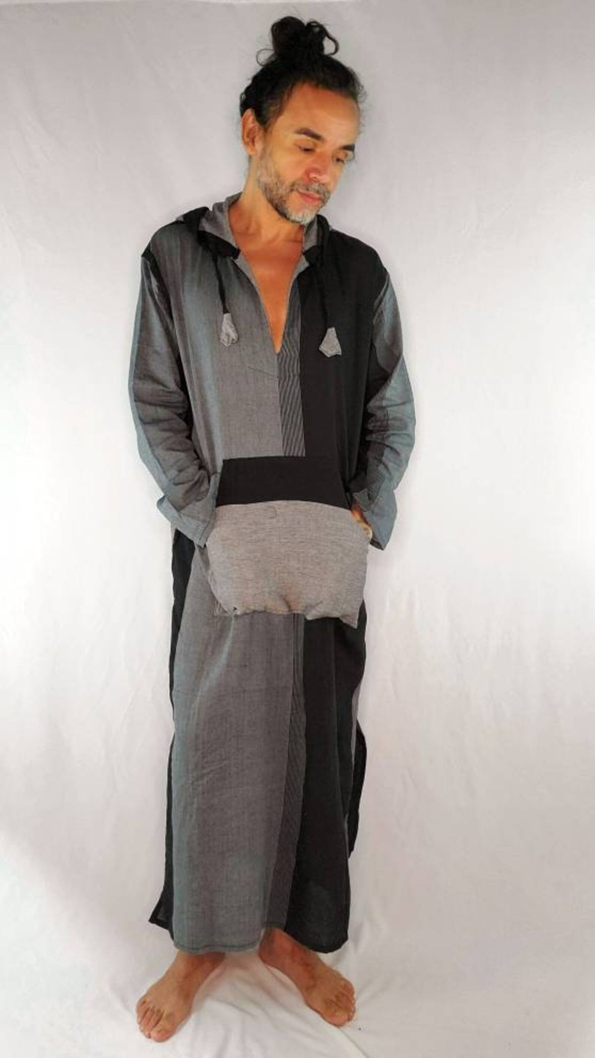 Unisex Nightshirt Cotton Boho Kaftan with Pocket and Hood Sleep Shirt