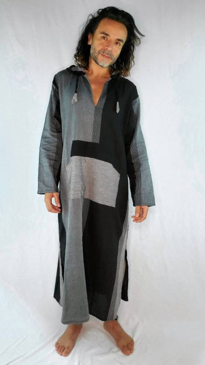 Unisex Nightshirt Cotton Boho Kaftan with Pocket and Hood Sleep Shirt